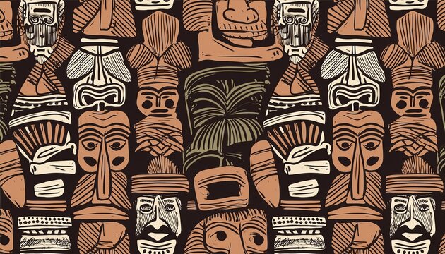 abstract tiki heads seamless pattern doodle silhouette pattern design