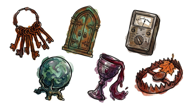 Watercolor Horror and Paranormal Investigation Icon Set Featuring EMF Meter Crystal Ball and Haunted Door on Transparent Background