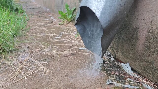 Water flows from a metal downpipe onto a wet concrete surface, surrounded by grass and debris, showcasing the impact of heavy rain on the environment