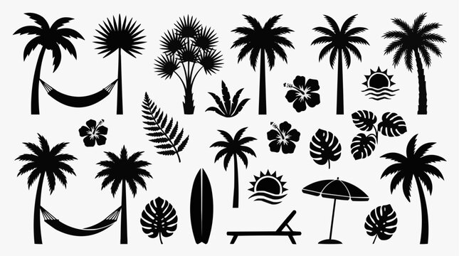 A collection of tropical beach elements and vacation icons for a summery theme.