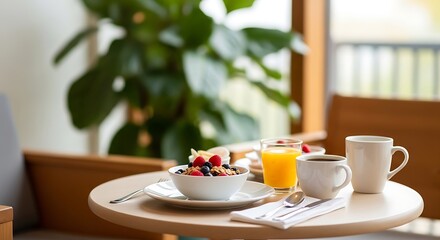 Fototapeta premium Hotel breakfast setting cereal orange juice and coffee with natural light