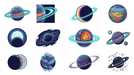 Collection of Stylized Planets and Celestial Bodies. © sanji