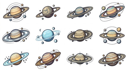 Collection of Stylized Planets with Rings and Moons. © sanji