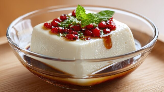Tofu dessert with garnishes in glass bowl
