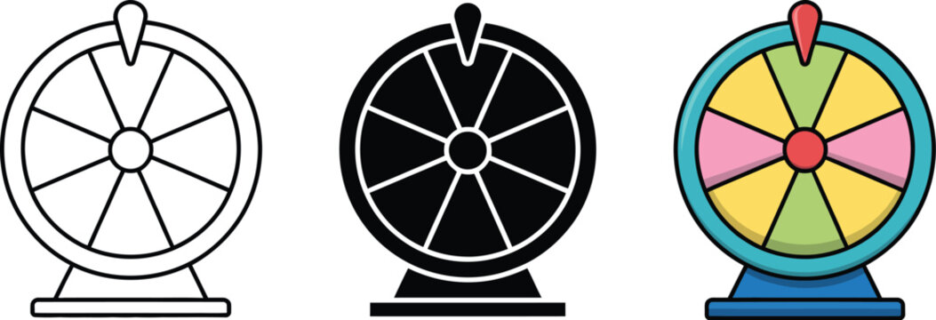 Lucky wheel, icon set, fortune spinner symbols for raffles sweepstakes games and promotional activities worldwide