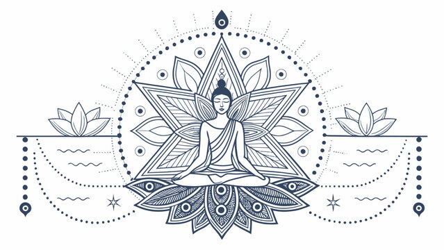 Meditating buddha figure in lotus pose on mandala lotus base with sacred geometry meditation geometry spiritual mindfulness religion buddhism serenity wellness enlightenment tranquility