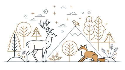 Fototapeta premium Linear forest landscape illustration with deer and fox in minimalist style landscape wildlife mountains illustration minimalist wilderness outdoors environment adventure woodland background
