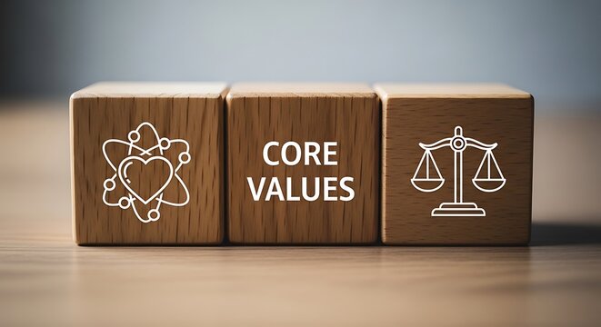 Core values concept on wooden blocks, business ethics and corporate culture symbols, justice and integrity icons on wood cubes