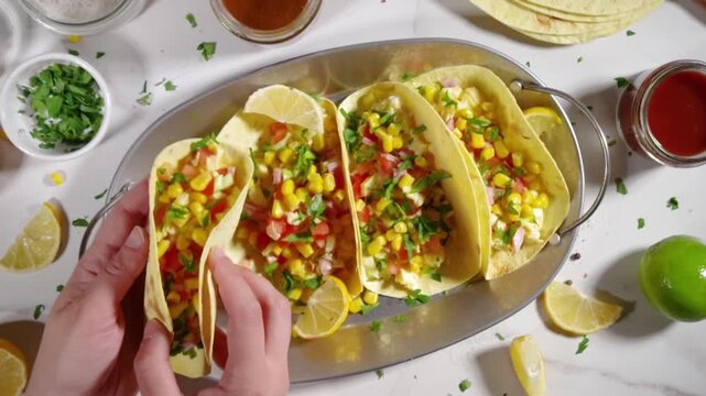 Breakfast Egg Tacos.  Savory Homemade Breakfast Tacos with Mexican flat bread tortilla, Scrambled Egg, Vegetable Salsa Salad, Corn, Parsley and Various sauce Dips