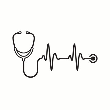 Minimal black line art combining stethoscope and heartbeat waveform symbolizing medical care health monitoring and cardiology concept