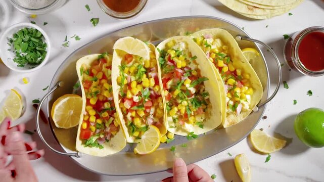 Breakfast Egg Tacos.  Savory Homemade Breakfast Tacos with Mexican flat bread tortilla, Scrambled Egg, Vegetable Salsa Salad, Corn, Parsley and Various sauce Dips