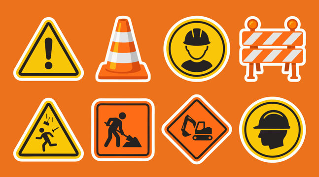 Colorful flat vector graphic set featuring various essential construction site safety warning signs and industrial hazard equipment alert icons