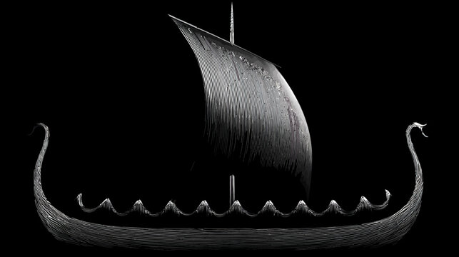 Detailed grayscale illustration of an ancient Viking longship with a large sail and intricate dragon head carvings on prow and stern against a black background.
