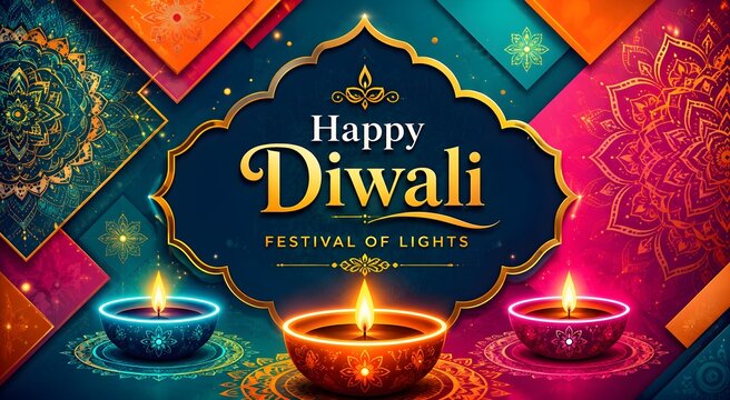 Colorful Diwali Web Banner Design with Vibrant Mandalas and Neon Diyas, Happy Diwali Festival of Lights Celebrations Graphic Background for Businesses