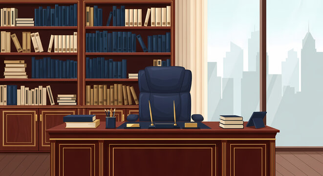 Elegant corporate office interior with leather chair and bookshelves