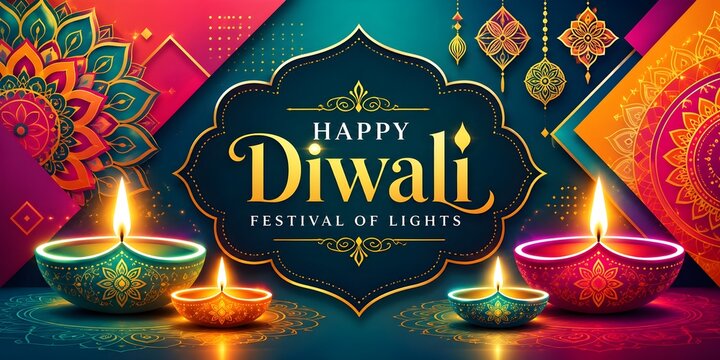 Colorful Diwali Web Banner Design with Vibrant Mandalas and Neon Diyas, Happy Diwali Festival of Lights Celebrations Graphic Background for Businesses