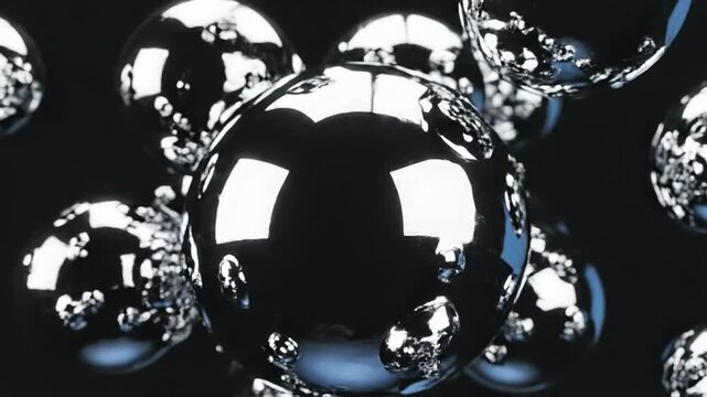 Abstract 3D liquid chrome spheres floating against a black background featuring reflective metallic surfaces, organic bubble textures, high-contrast silver highlights, and fluid forms.