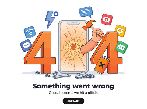 404 error page concept with broken smartphone screen, something went wrong glitch message, mobile repair service vector illustration