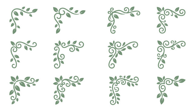 Collection of decorative pixel art corner ornaments with green leaves and vine swirls, floral elements for borders and invitations