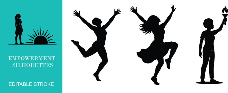 Black and White Silhouette Figures Celebrating Empowerment with Arms Raised empowerment-movement self-confidence diversity-inclusion motivational-graphics minimalist-illustration feminist-awareness bo
