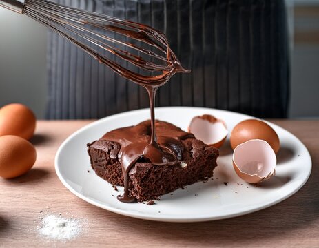 chocolate brownie batter dripping from whisk with egg shells in kitchen