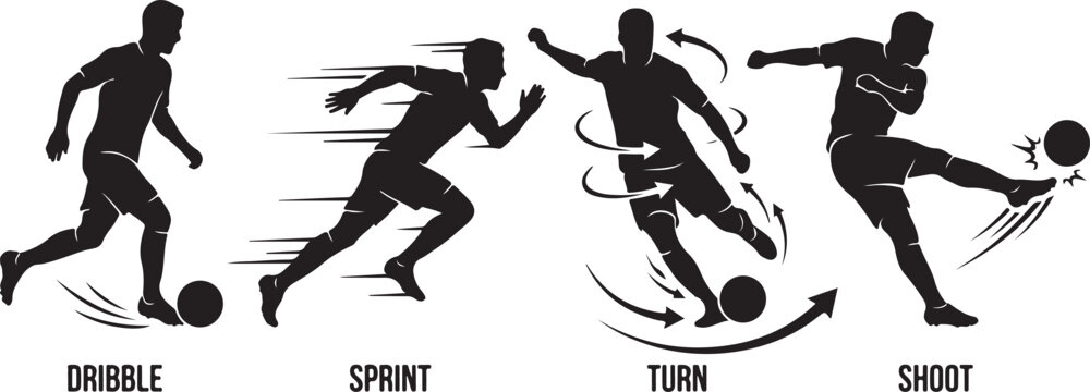 Minimalist black soccer silhouettes sequence vector illustration detailing dribble sprint turn and shoot actions.