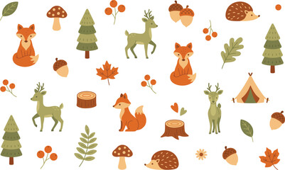 Charming forest animals and woodland elements in a whimsical pattern for children isolated on transparent © MDMUKTADIR