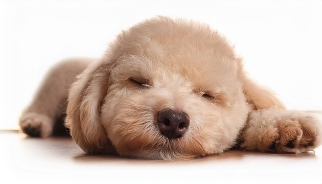 cream standard poodle puppy sleeping on floor with paw in foreground