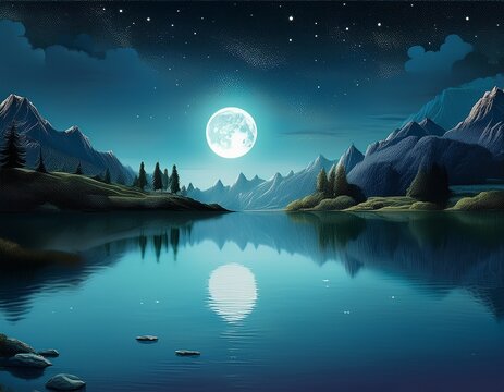 night landscape with moon and lake