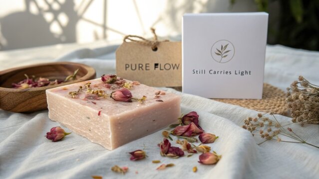Delicate Handmade Soap with Dried Flowers on Natural Fabric Surface and Simple Packaging Design