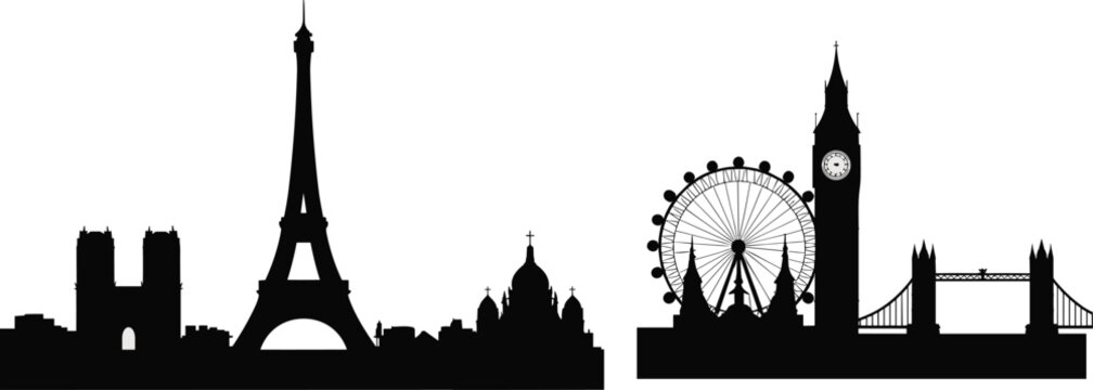 Paris and London skyline silhouettes vector illustration set featuring famous european landmarks and architecture landmarks isolated on white background