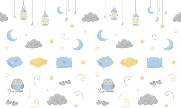 Seamless pattern with cute sleeping owls clouds moons pillows and hanging lanterns for nursery kids bedroom wallpaper design