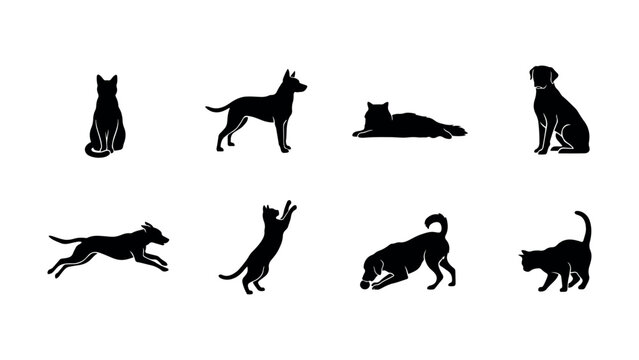 Domestic pets silhouettes collection featuring various breeds of cats and dogs in active and resting positions isolated on transparent background pattern.
