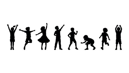 Obraz premium Silhouette set of happy children playing jumping and dancing in various poses with transparent background for easy placement and creative design projects.