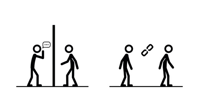 Minimalist stick figure icons illustrating interpersonal communication and digital link concepts isolated on a transparent background for business graphics.