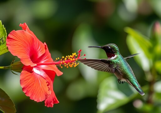 Tiny Hummingbird Sips Nectar from Vibrant Red Hibiscus Flower in Garden