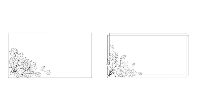 Autumn leaf border frame collection with maple and oak foliage line art drawings in minimalist style for invitations cards and seasonal design templates.