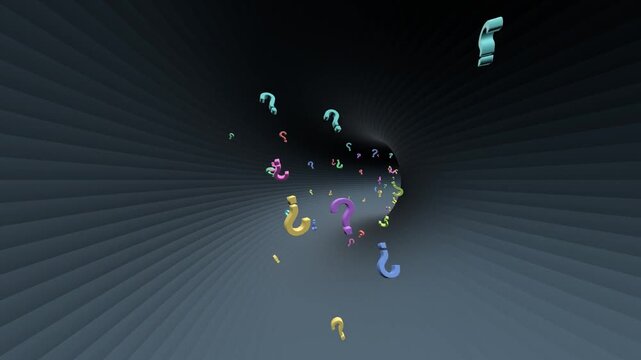 10 seconds question marks flying at you in a tunnel from the right animation screensaver visualizer motion graphics HD video black background seamless
