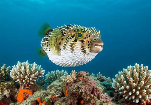 Pufferfish Swimming in Clear Blue Ocean Water Near Vibrant Coral Reef
