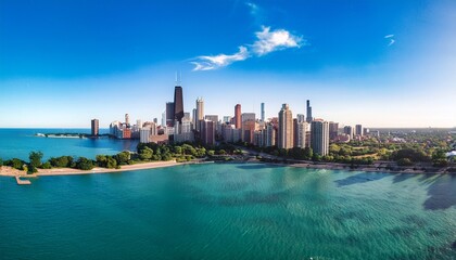 Fototapeta premium chicago skyline aerial drone view from above lake michigan and city of chicago downtown skyscrapers cityscape from lincoln park illinois usa