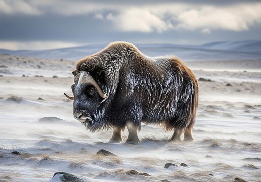 Musk Ox Grazes in Harsh Winter Blizzard on Snowy Tundra