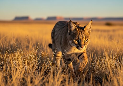 African Wildcat Walking Through Dry Grasslands at Sunrise