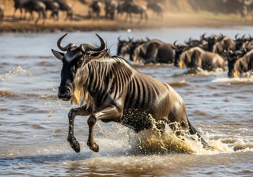 Wildebeest Calf Leaps Through Water During Great Migration River Crossing