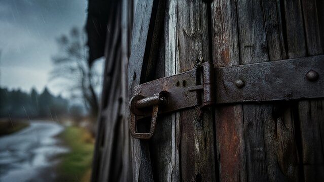 hasp. Weathered barn door with a heavy metal hasp swaying in a rainy atmosphere. real-estate listings, architecture portfolios, designed for architectural facade and classical detail presentations.