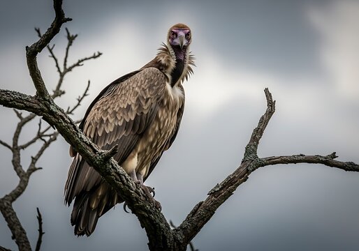 Vulture Perched on a Bare Tree Branch with Cloudy Sky Background Offering a Watchful Gaze