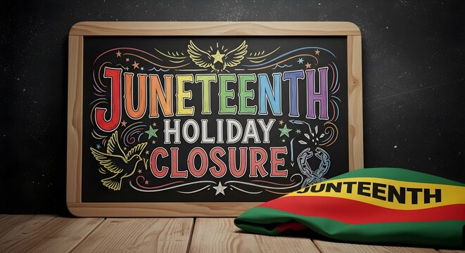 Juneteenth holiday closure sign on a chalkboard with a juneteenth flag on a wooden table, representing the celebration of freedom and emancipation