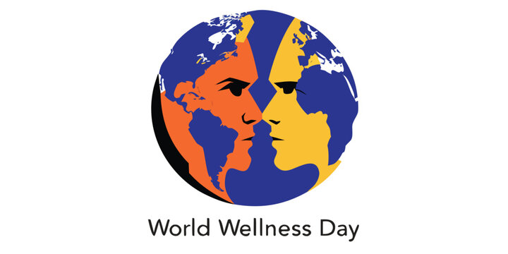 World wellness day illustration with dual faces and earth map.