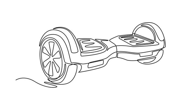 Animated self drawing of continuous line draw an electric hoverboard device from side perspective view, featuring its distinctive platform and wheels. Eco transport. Full length single line animation