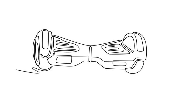 Animated self drawing of continuous line draw self-balancing smart electric hoverboard from front view perspective, detailing its symmetrical footpads and dual tires. Full length single line animation