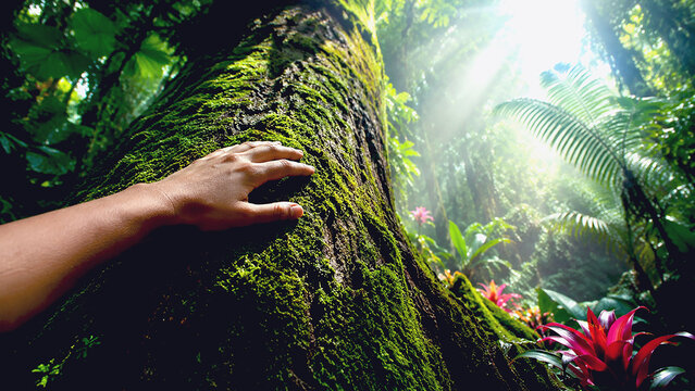 Close-up of a human hand gently touching the mossy trunk of a large, ancient tree in a vibrant tropical rainforest. Concept of connection with nature, forest conservation, environmental awareness.